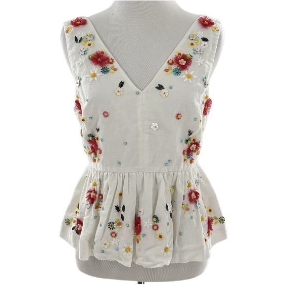 J crew womens top size 4P white 67% linen floral bedazzled embroidered peplum - Picture 1 of 15
